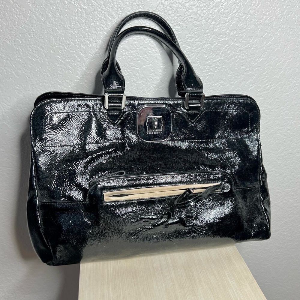 Longchamp Gatsby black patent leather turn-lock large east/west hobo bag capsule